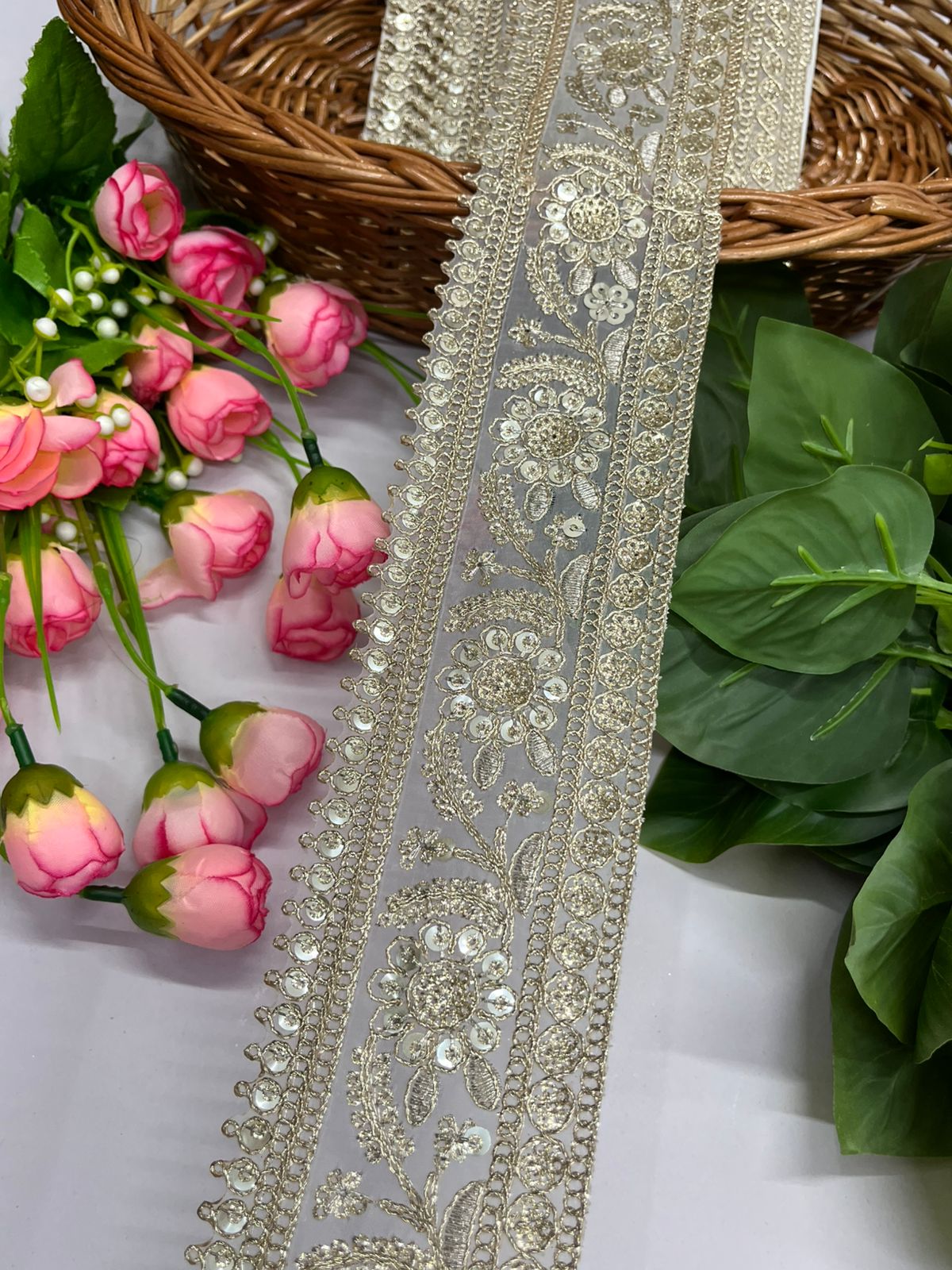 Embroidered Lace Design, Sewing Craft Ribbon - 9 Meter (2.5 Inch Width, Pani Gold)