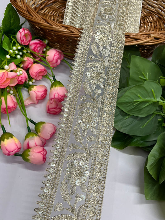 Embroidered Lace Design, Sewing Craft Ribbon - 9 Meter (2.5 Inch Width, Pani Gold)