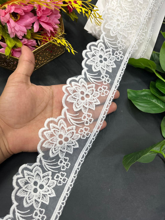 Beautiful Organza Flower Imported Lace – Designer Saree Laces & Boutique Trim (9 Meter) | White