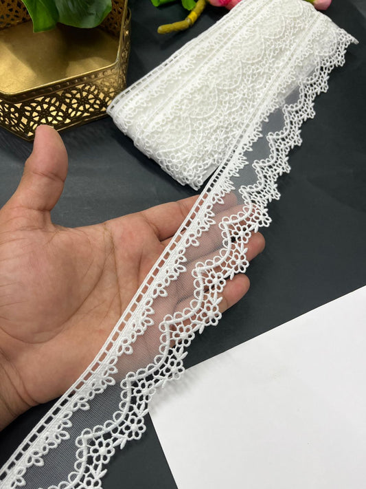 White Scallop Lace Trim – Imported Designer Saree Lace Border for Dresses & Dupattas (9 Meter)