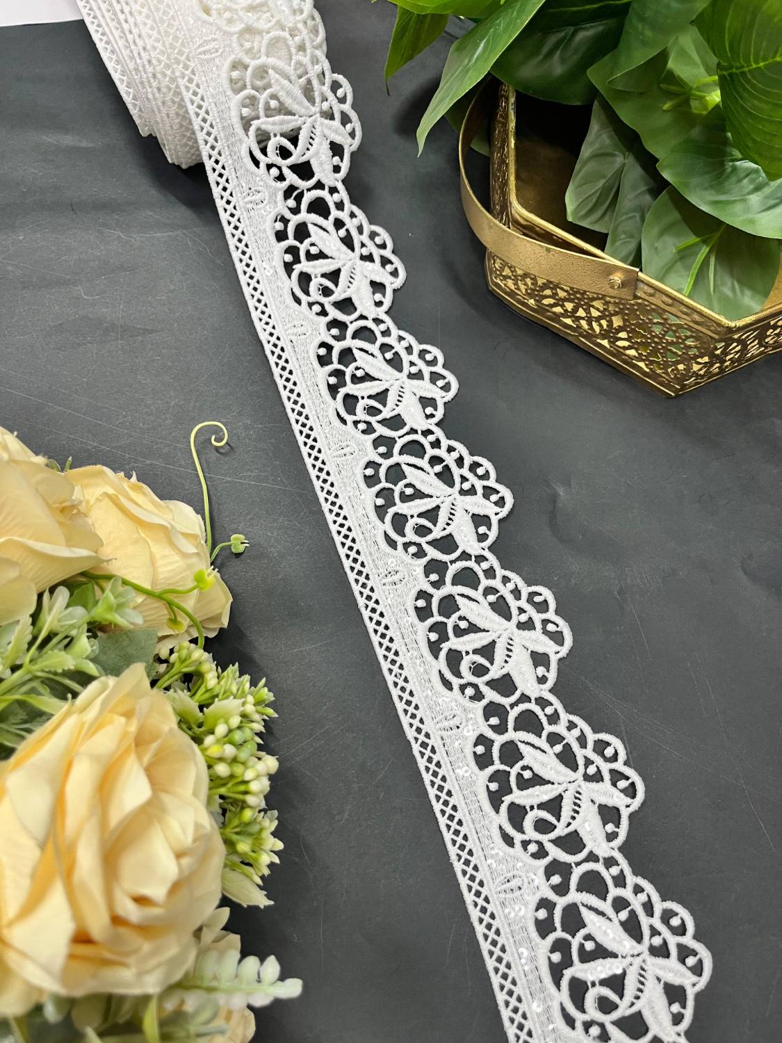 White Scalloped Sequin Work Imported Lace – Designer Saree Lace Trim for Dupattas, Lehengas & Dresses (9 Meter)