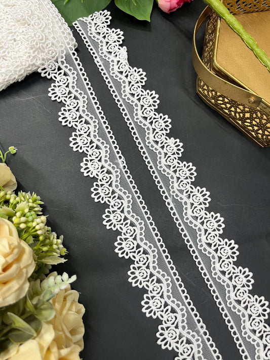 White Scalloped Imported Lace Trim – Elegant Designer Saree Laces & Borders (9 Meter)