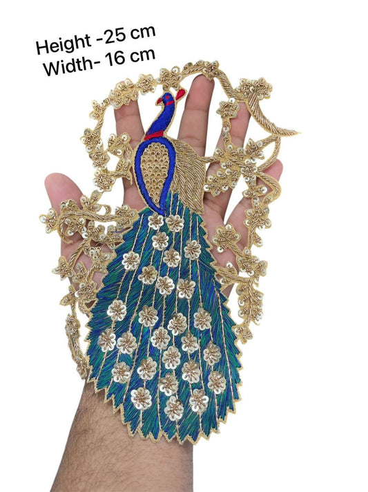 Handcrafted Zardosi Peacock Patch – Decorative Embroidery Patch for Blouses, Lehengas & Sarees