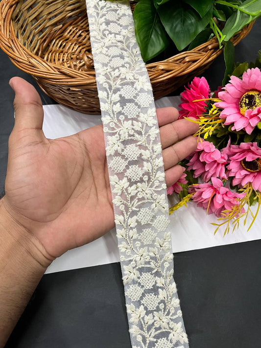 Elegant Off-White Dyble Lucknowi Cotton Lace with Intricate Embroidery – 9 Meter