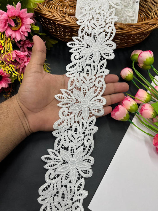 Beautiful Floral Imported Cotton Sequins Lace Trim – Soft Designer Finish (9 Meter) | White