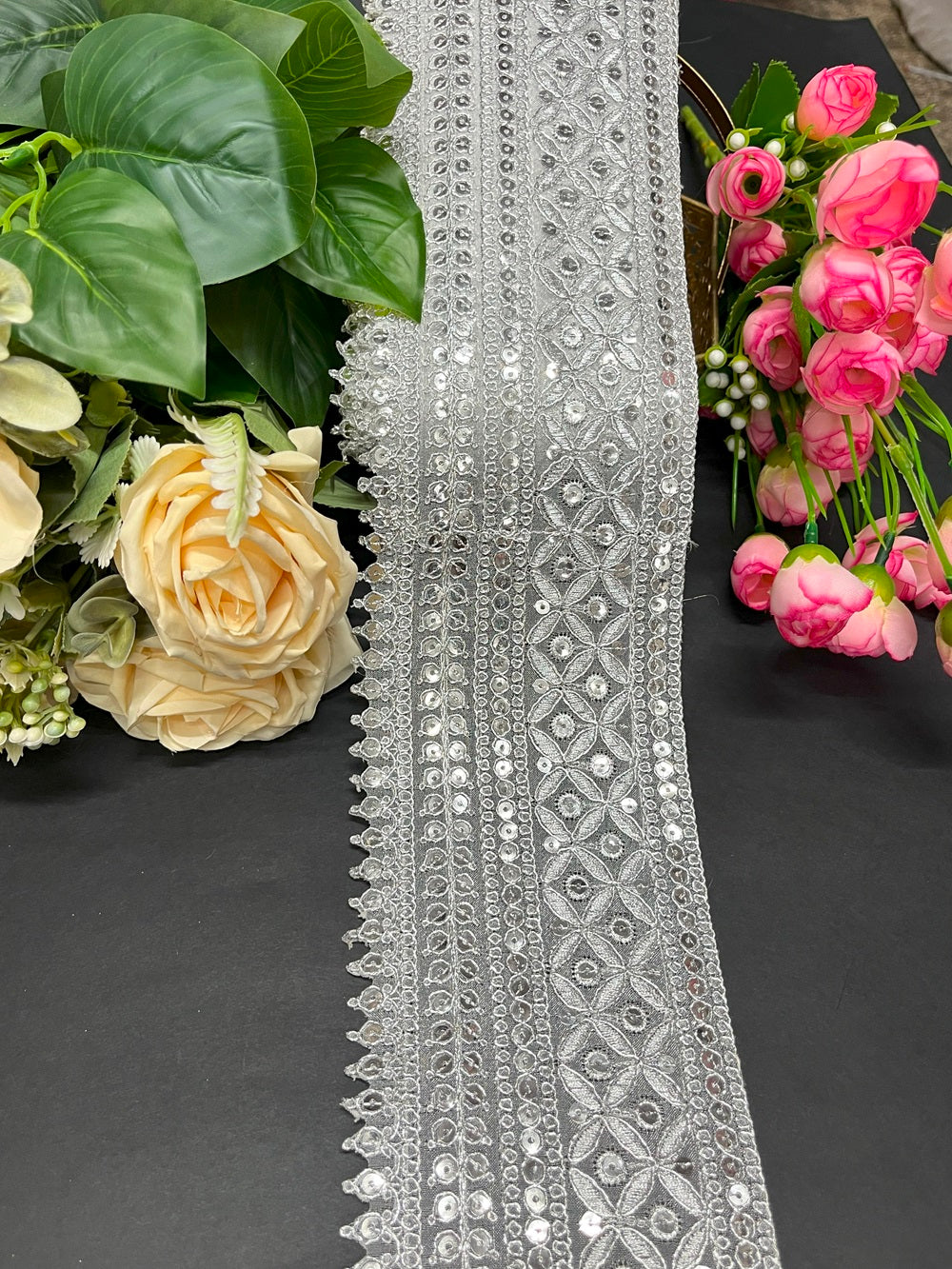 Silver Sequence Embroidery Lace Trim – Indian Trim – 9 Meter, 4 Inch Width