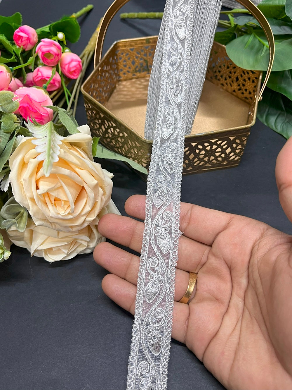 Silver Zari Lace – 9 Meter, 1 Inch Width