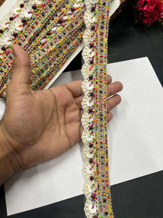 Beautiful Handcrafted Multicoloured Beaded Boho Style Western Fringe Lace – Imported Decorative Lace for Dresses, Sarees, and Dupattas (9 mtr, 1.5 inch)