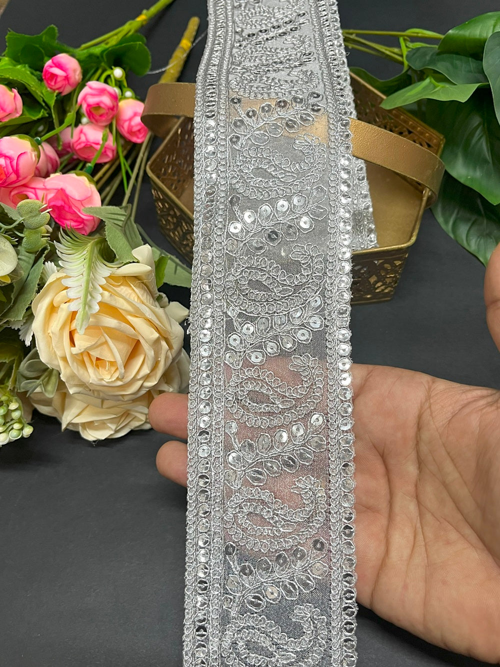 Silver Mango Design Embroidered Zari Lace Trims – 9 Meter, 2.5 Inch Width