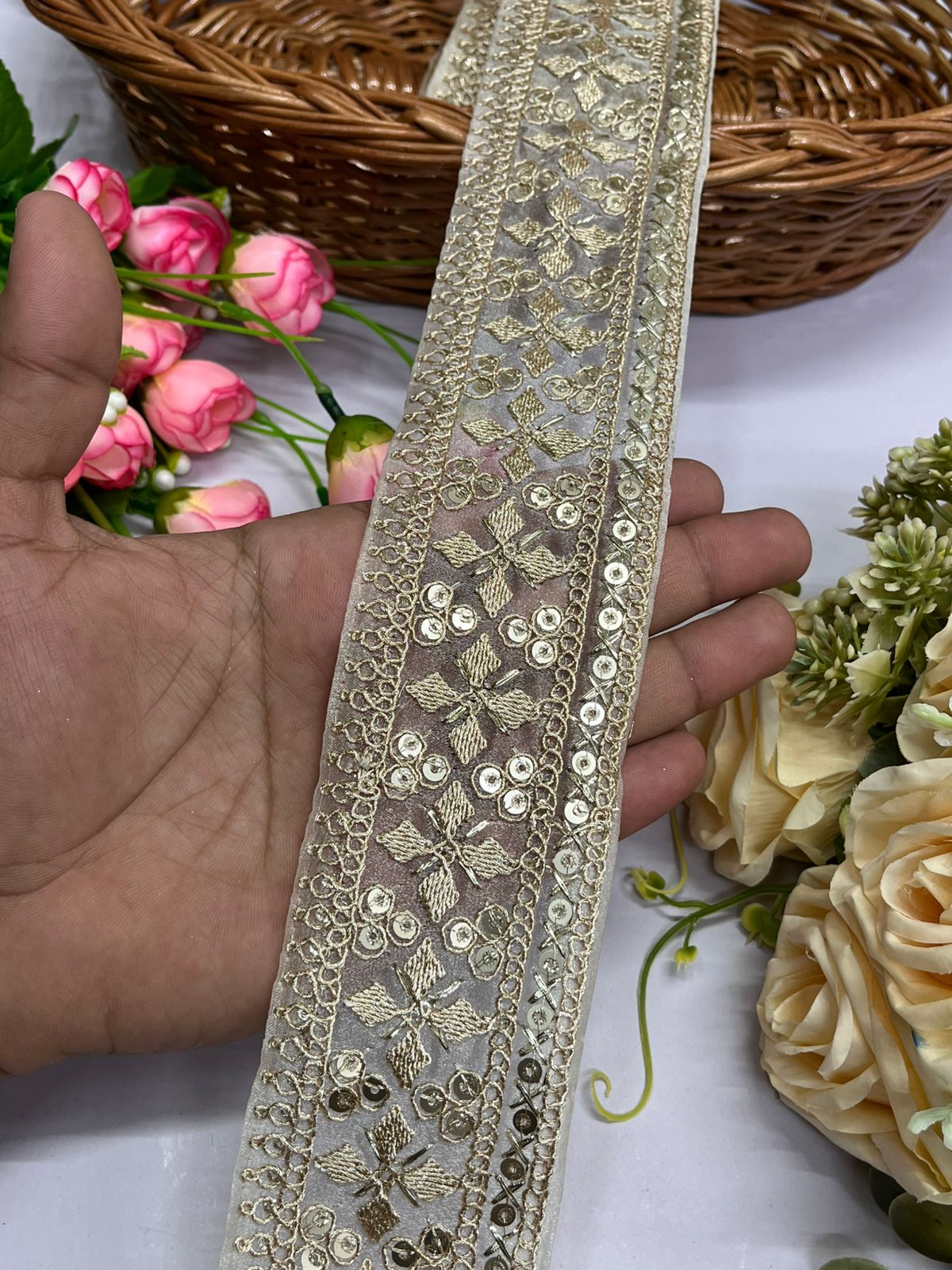 Gold Zari with Gold Sequins Embroidered Lace - 9 Meter (2 Inch Width, Gold)