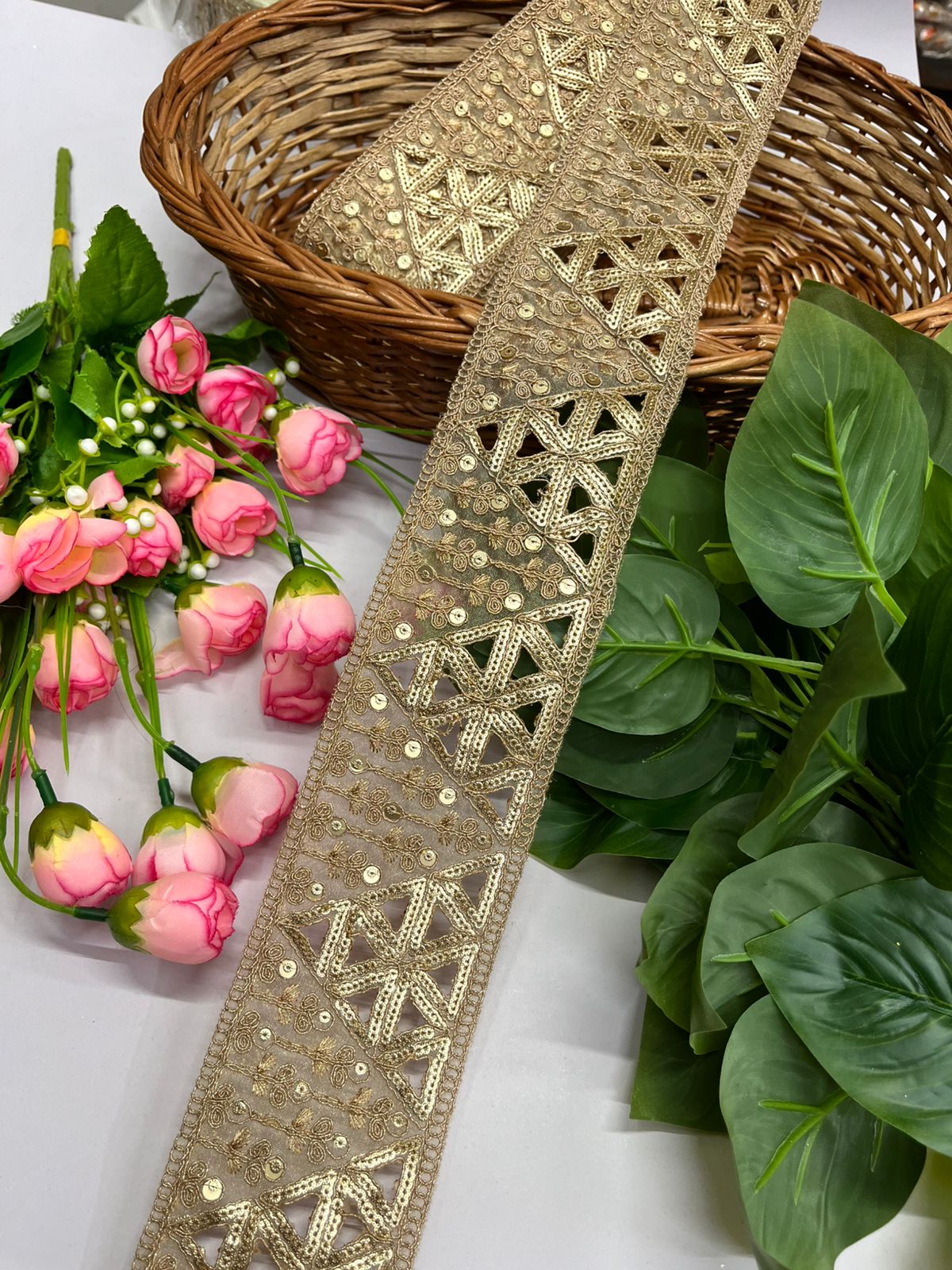 Gold Zari with Gold Cutwork Sequins Lace, Sequins Embroidered Lace - 9 Meter (3 Inch Width, Gold)