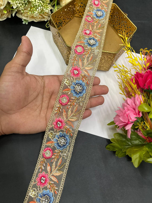 Beautiful Multicoloured Flower Pipe Work Zari Embroidered Saree Laces – 9 Meter Designer Border | Multi 3