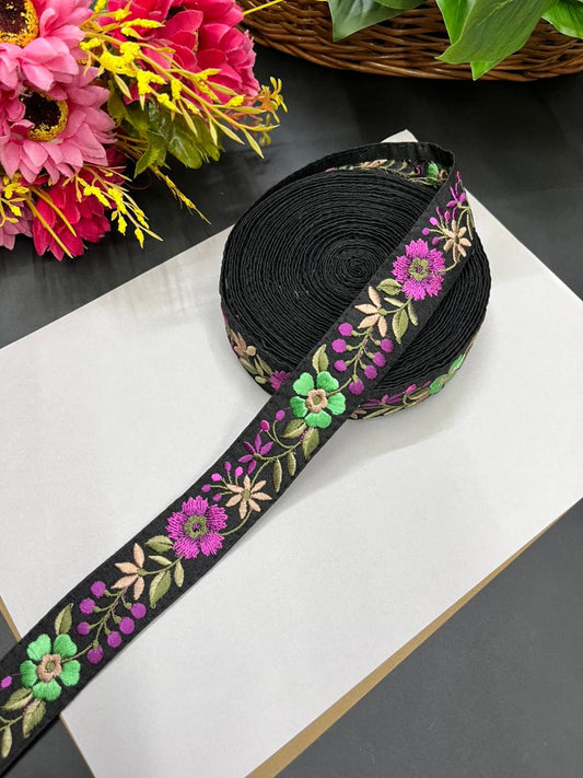 Flower Thread Embroidery Kashmiri Lace – Fine Floral Embroidered Border for Sarees, Dupattas & Dresses (9 Meter, 1 Inch Width) | Multi 3