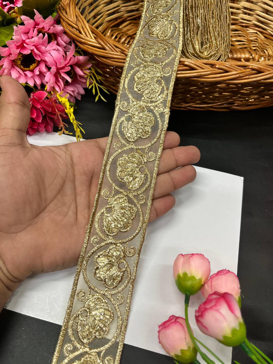 Gold Zari Embroidered Lace – Traditional Golden Border Trim for Sarees, Lehengas & Dupattas (9 Meter, 2 Inch Width)