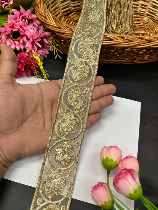 Gold Zari Embroidered Lace – Traditional Golden Border Trim for Sarees, Lehengas & Dupattas (9 Meter, 2 Inch Width)