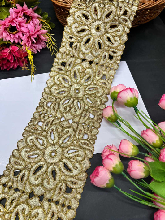 Antique Gold Cutwork Lace for Bridal Lehengas – Premium Wide Border Trim for Sarees & Festive Outfits (9 Meter, 5 Inch Width)