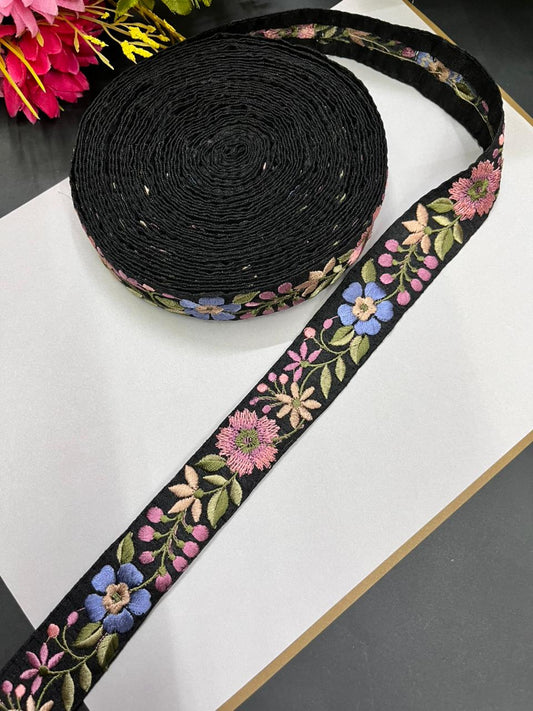 Flower Thread Embroidery Kashmiri Lace – Fine Floral Embroidered Border for Sarees, Dupattas & Dresses (9 Meter, 1 Inch Width) | Multi 4