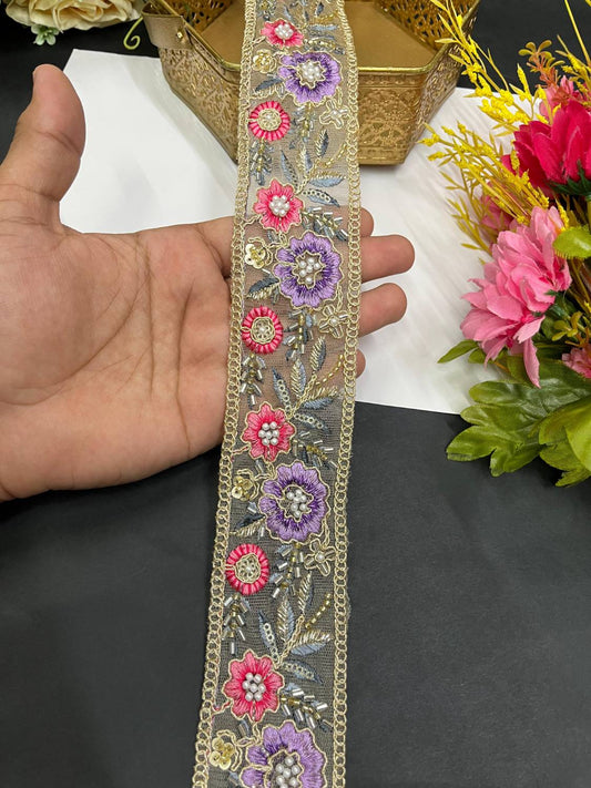 Beautiful Multicoloured Flower Pipe Work Zari Embroidered Saree Laces – 9 Meter Designer Border | Multi 4