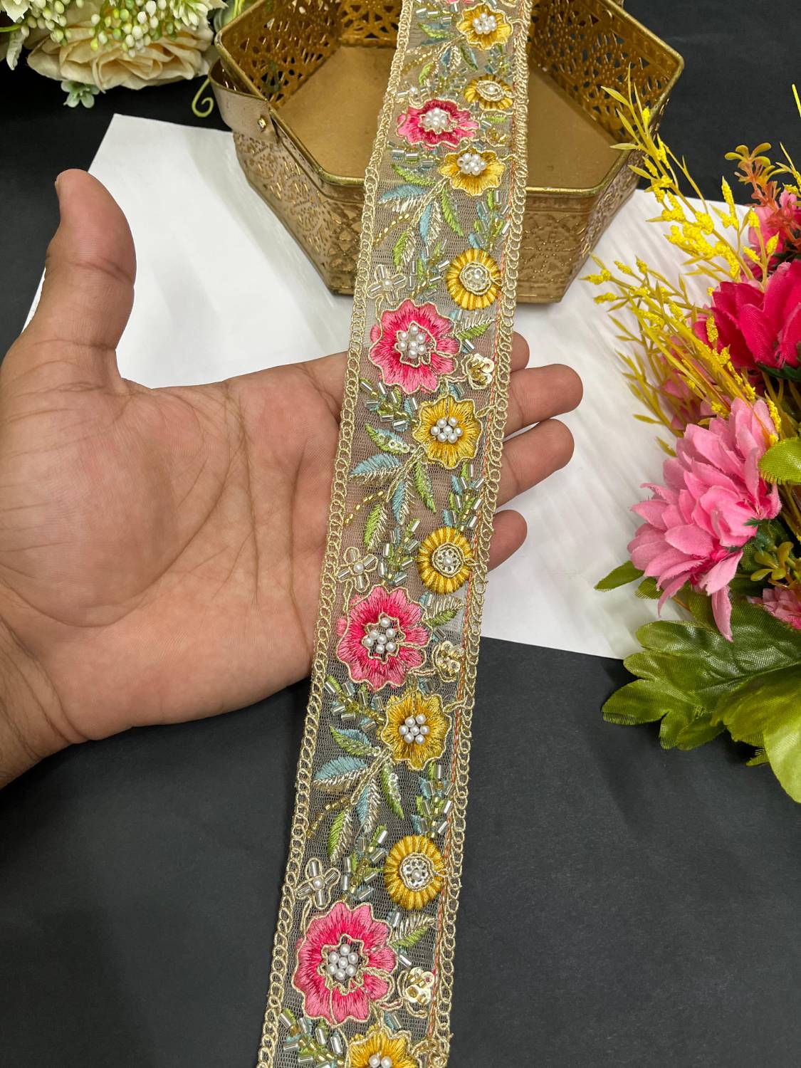 Beautiful Multicoloured Flower Pipe Work Zari Embroidered Saree Laces – 9 Meter Designer Border | Multi 5