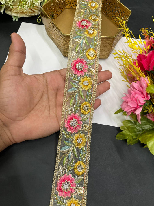 Beautiful Multicoloured Flower Pipe Work Zari Embroidered Saree Laces – 9 Meter Designer Border | Multi 5