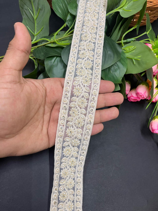 Lucknowi Moti Work Lace – 9 Meters, 1.5-Inch Pearl Embellished Embroidered Border for Sarees, Lehengas & Dupattas