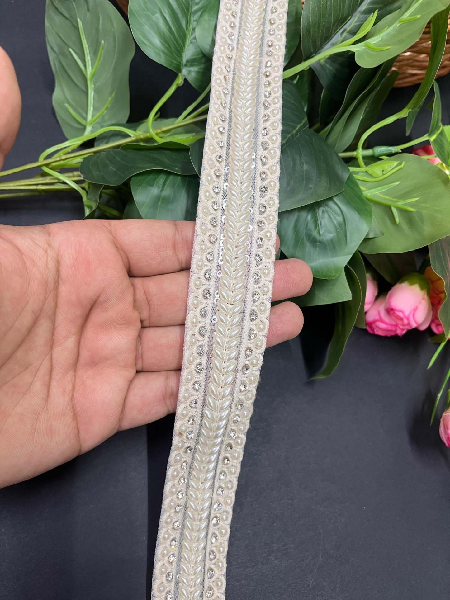 Lucknowi Moti & Stone Work Lace – 9 Meters, 1.5-Inch Pearl and Stone Embroidered Border for Sarees, Lehengas & Dupattas