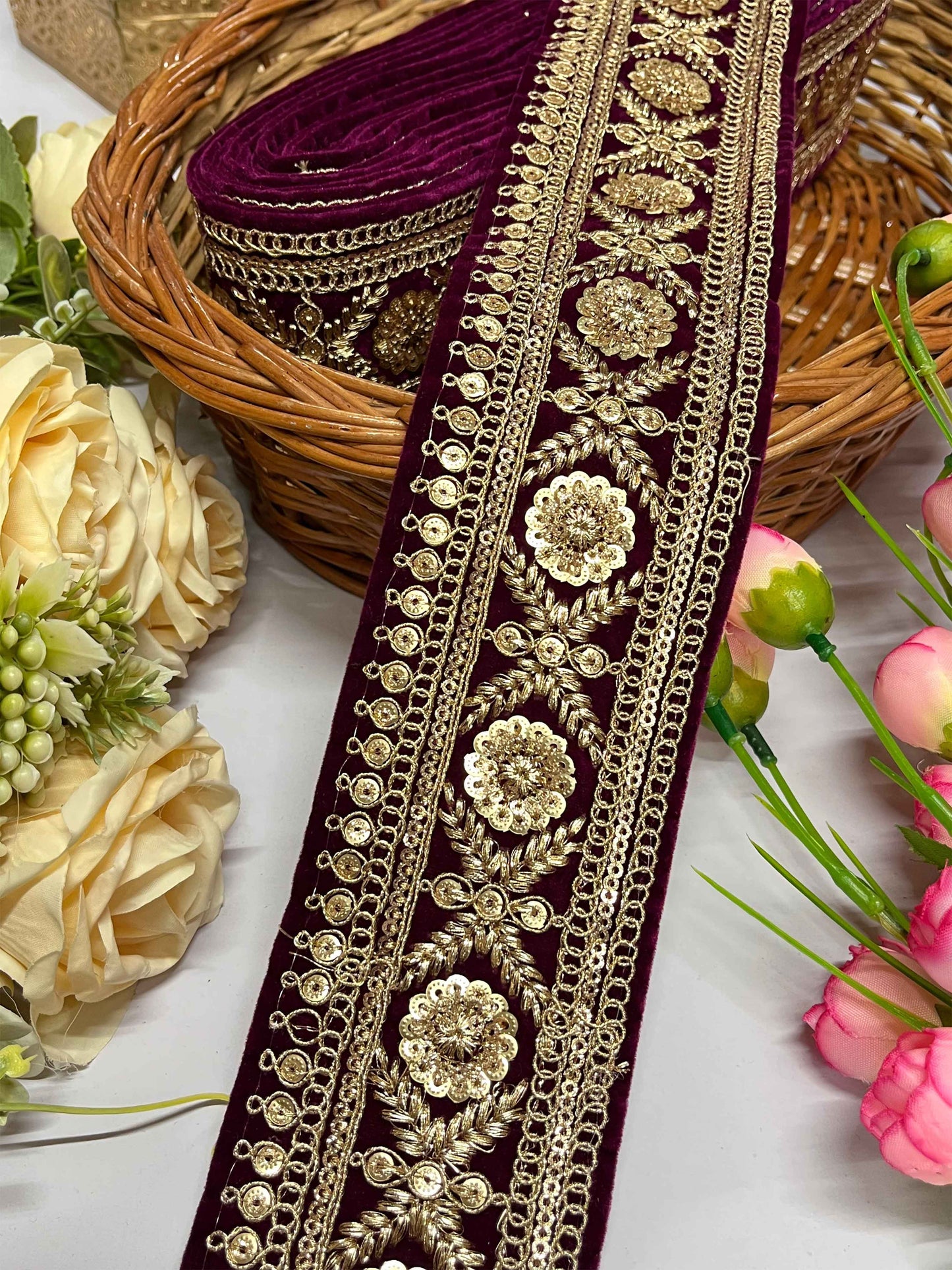 Embroidered Velvet Border in Majestic wine – 9 Meter Roll