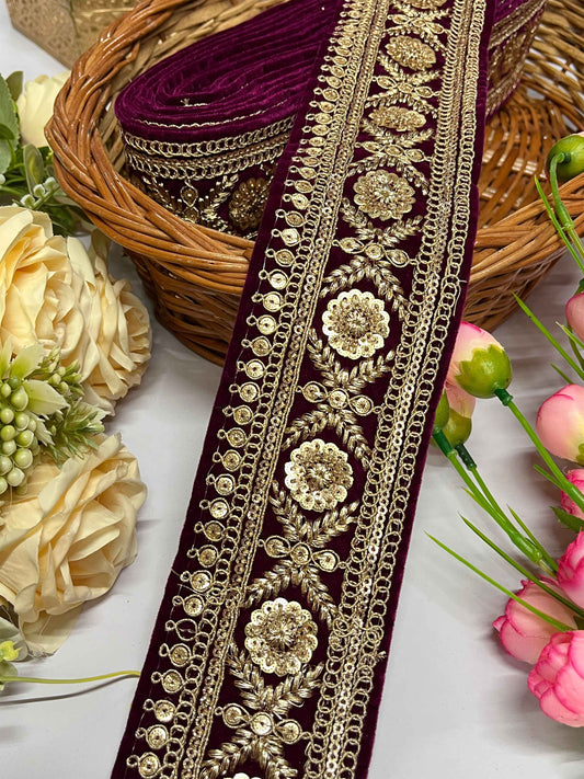 Embroidered Velvet Border in Majestic wine – 9 Meter Roll