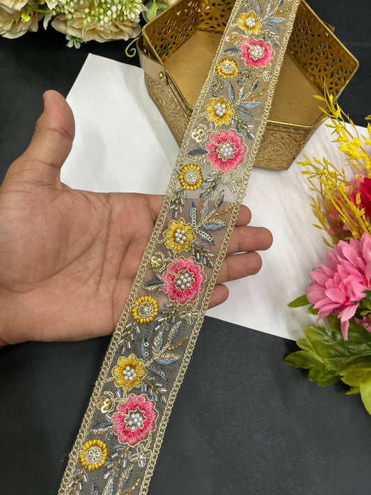 Beautiful Multicoloured Flower Pipe Work Zari Embroidered Saree Laces – 9 Meter Designer Border | Multi 6