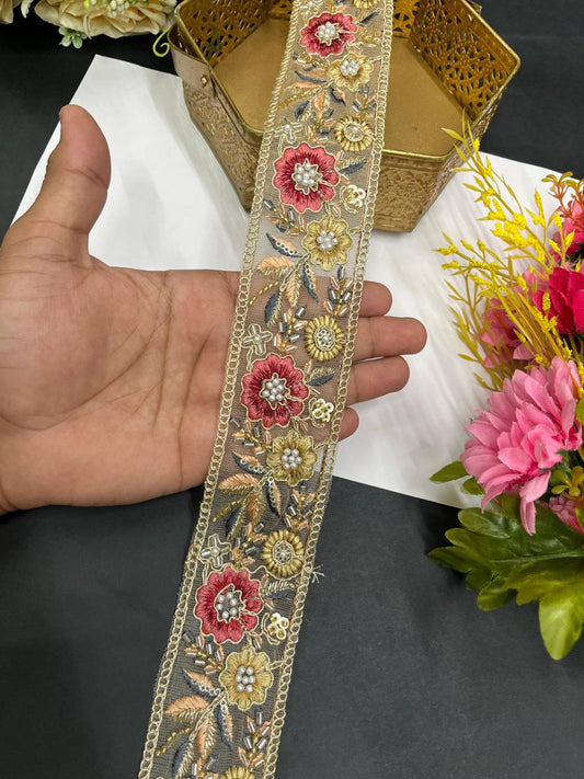 Beautiful Multicoloured Flower Pipe Work Zari Embroidered Saree Laces – 9 Meter Designer Border | Multi 7