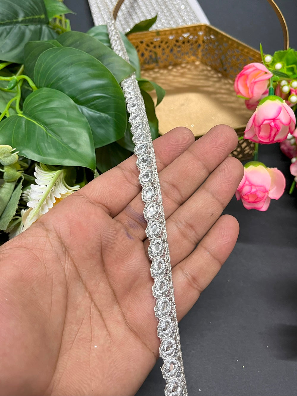 Silver Mirror Trims Lace Foil Mirror Dupatta Lace – 9 Meter, Half Inch Width – Elegant Craft Trim