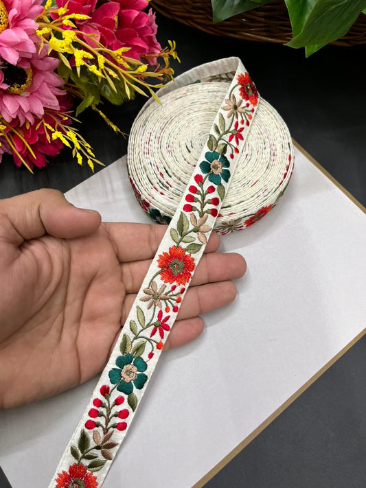 Flower Thread Embroidery Kashmiri Lace – Fine Floral Embroidered Border for Sarees, Dupattas & Dresses (9 Meter, 1 Inch Width) | Multi 8