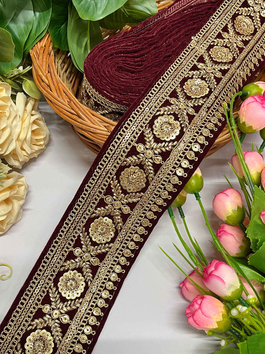 Embroidered Velvet Border in Luxurious maroon– 9 Meter Roll