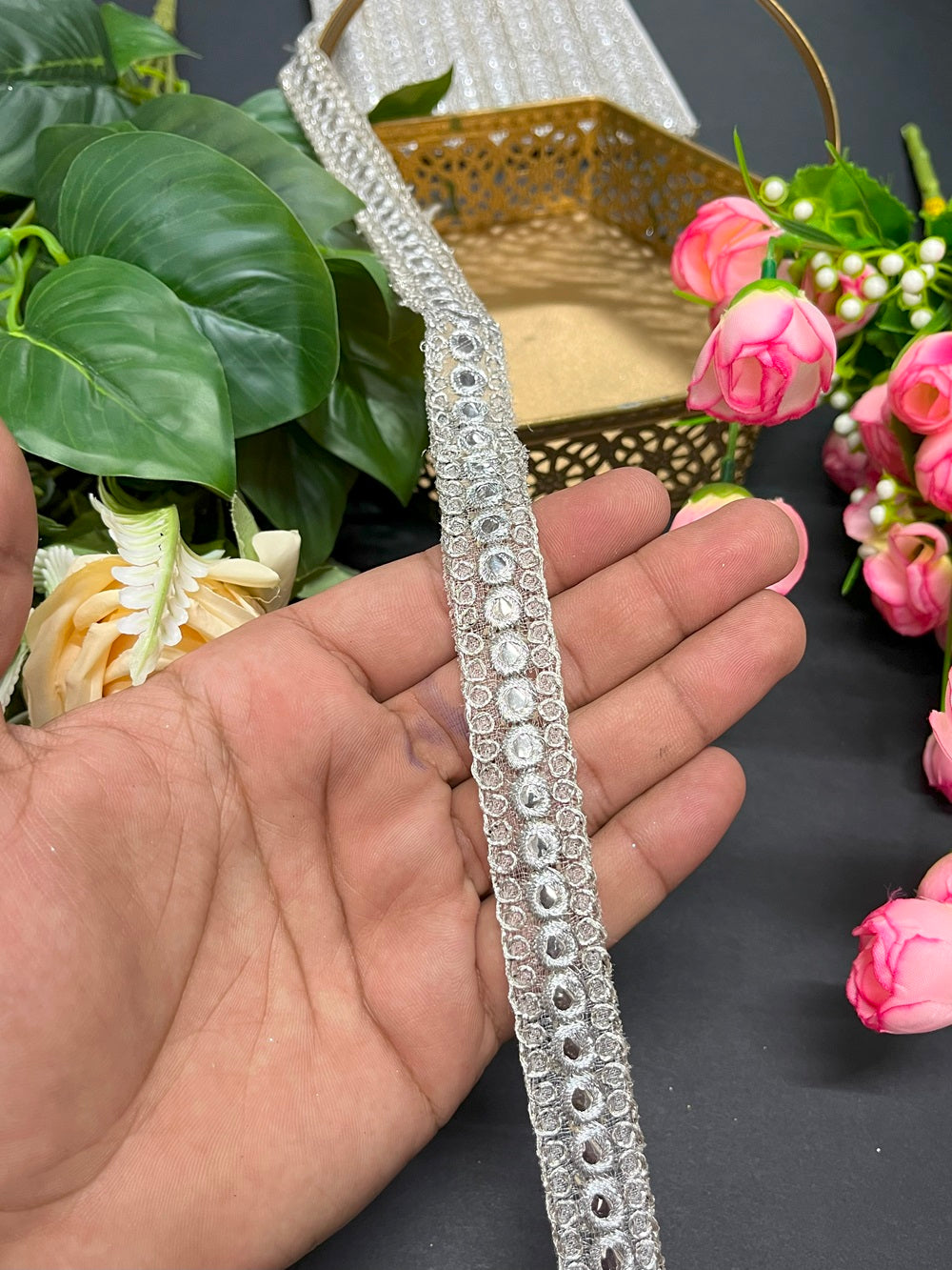Silver Mirror Trims Lace Foil Mirror Dupatta Lace – 9 Meter, 1 Inch Width – Decorative Sewing and Craft Trim