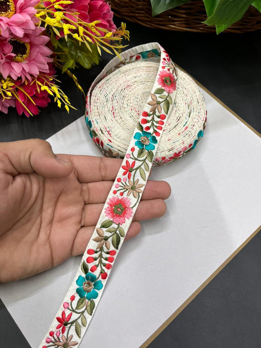 Flower Thread Embroidery Kashmiri Lace – Fine Floral Embroidered Border for Sarees, Dupattas & Dresses (9 Meter, 1 Inch Width) | Multi 9