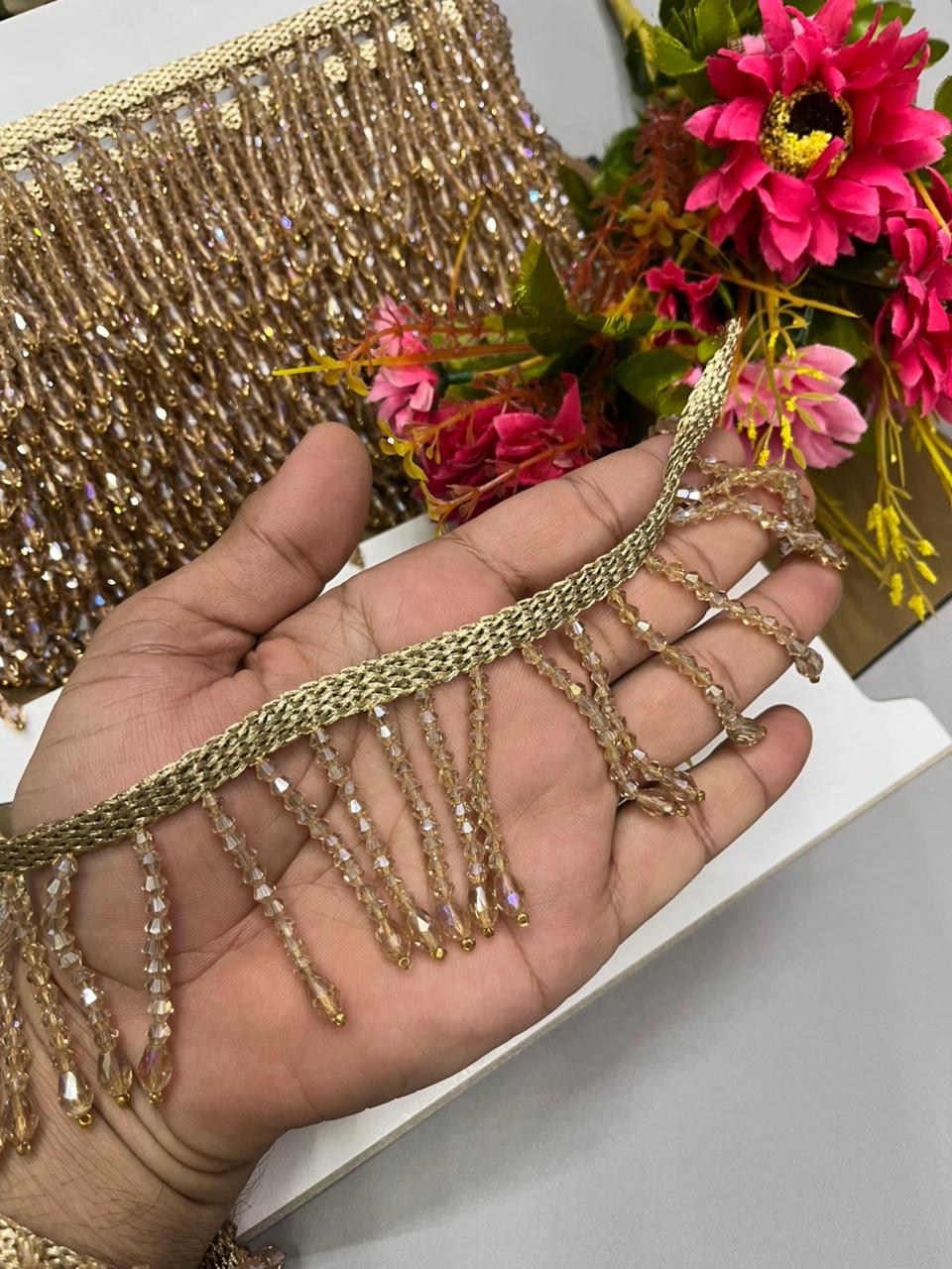 Handmade Crystal Hanging Lace Trim – Designer Crystal Tassel Latkan Lace Border for Sarees, Dupattas & Lehengas (9 Meter, 2 Inch Width) | Antique