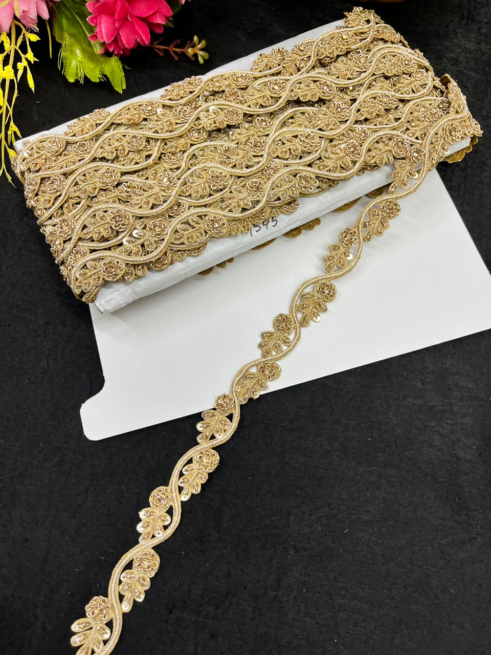 Handcrafted Zardozi Lace for Sarees, Lehengas, Dupattas & Blouses – Premium Handmade Zardozi Embroidered Lace Border (1 Inch) | DC1049 | Antique