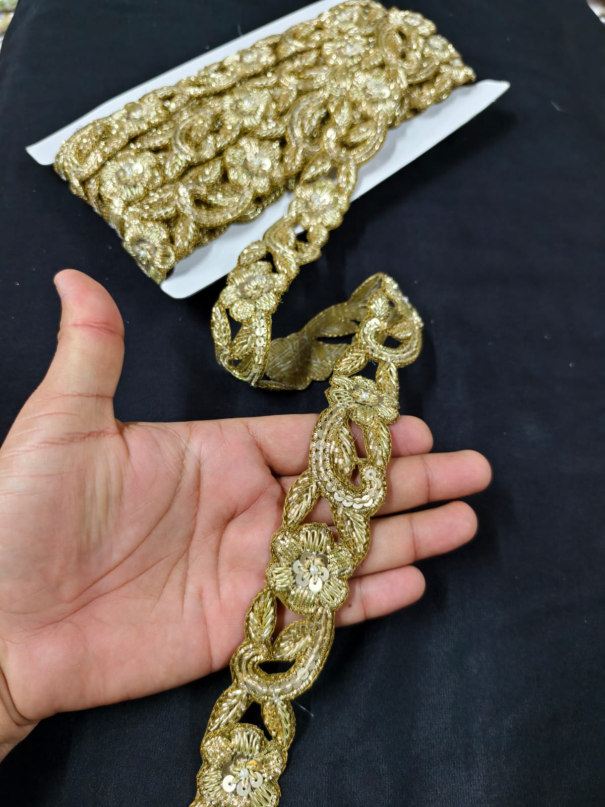 Handmade Cutdana & Zardozi Work Lace for Sarees, Lehengas, Dupattas & Blouses – Premium Handcrafted Embellished Lace Border (1.5 Inch) | DC1046 | Antique Gold