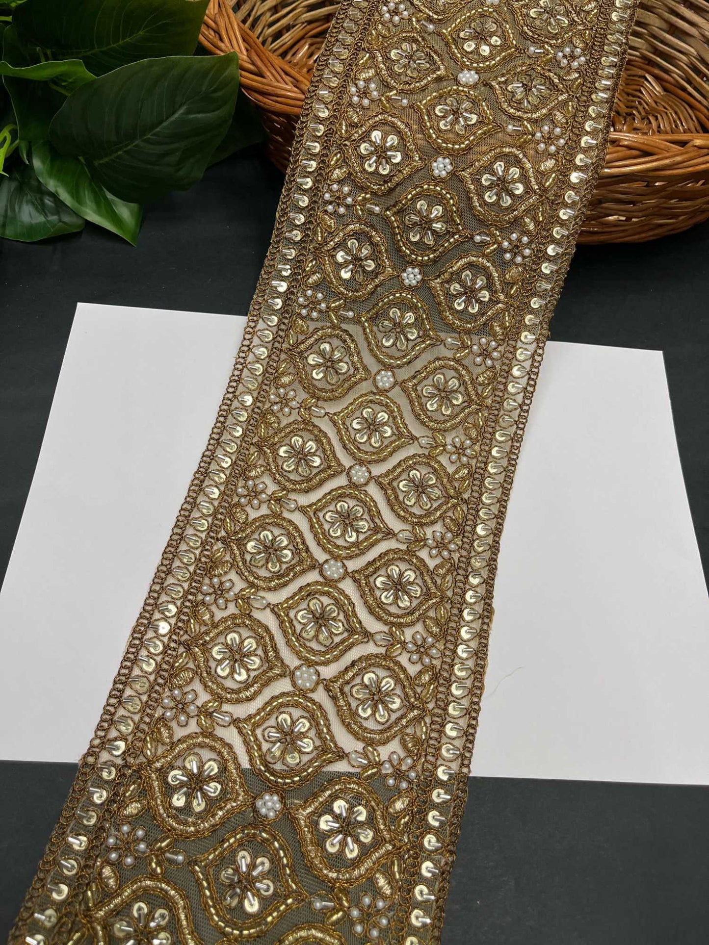 Katdana & Bead Work Embroidered Bridal Lehenga Lace Trim – 9 Meters, 5-Inch Heavy Border for Sarees & Wedding Outfits | Antique Gold