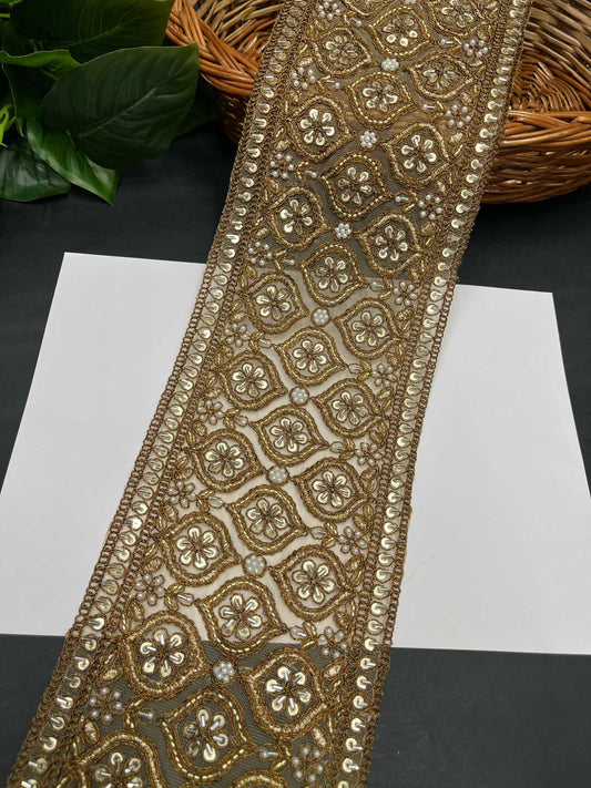 Katdana & Bead Work Embroidered Bridal Lehenga Lace Trim – 9 Meters, 5-Inch Heavy Border for Sarees & Wedding Outfits | Antique Gold