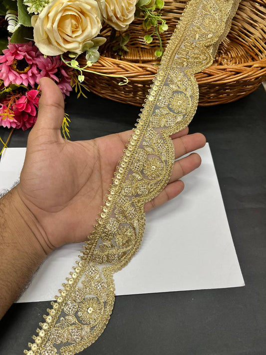 Scalloped Golden Zari Embroidered Saree Lace – Premium Gold Embroidery Border Trim for Sarees, Lehengas & Dupattas (9 Meter, 2 Inch Width) | Antique Gold