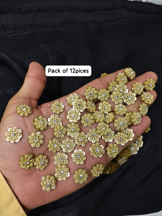 Beautiful Handmade Zardozi Work Buttis Decorative Crafting Patches for Saree, Lehenga & Blouse – Sew On Applique Badge Set (12 Pieces) | Antique Gold