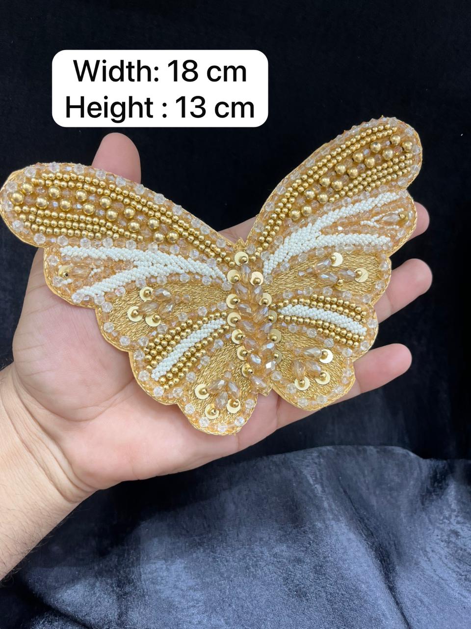 Handcrafted Crystal Butterfly Decorative Patch – Premium Designer Embellished Applique for Dresses & Ethnic Wear | Antique Gold