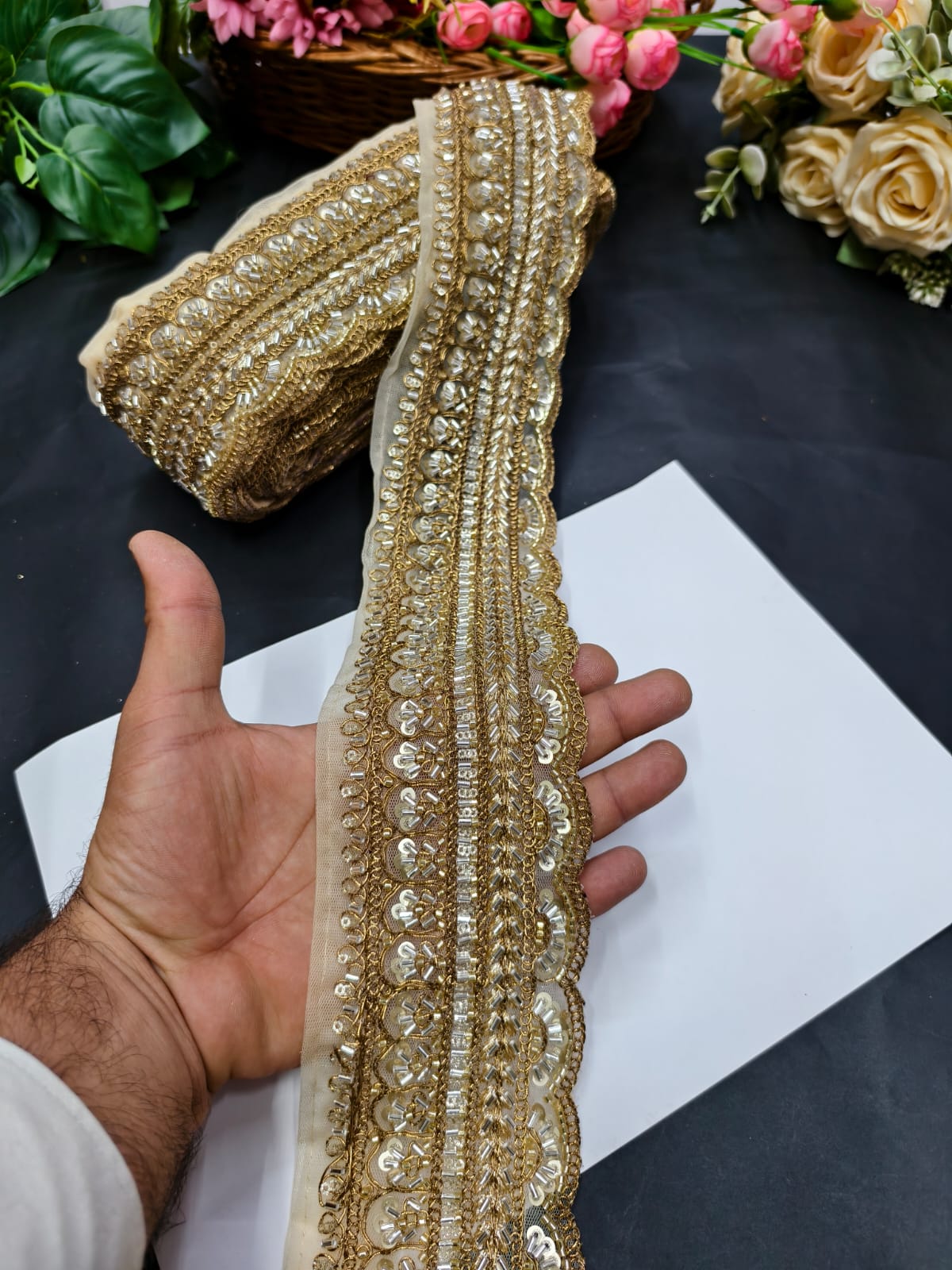 Exclusive Flower Embroidered Saree Lace Design – Premium Maggam Work Lace Border for Ethnic Wear | Antique Gold