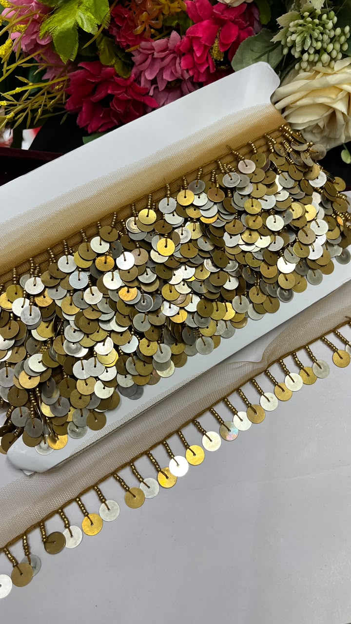 Sabyasachi Style Metal Coin Latkan Lace for Sarees, Lehengas, Dupattas & Blouses – Designer Hanging Coin Lace Border (1 Inch) | DC1070 | Antique Silver Mix