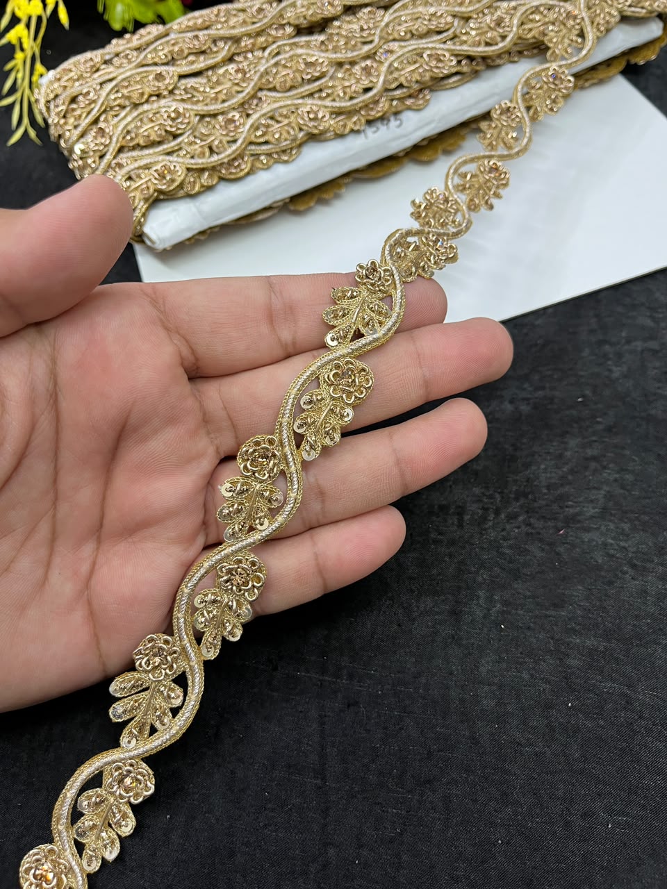 Handcrafted Zardozi Lace for Sarees, Lehengas, Dupattas & Blouses – Premium Handmade Zardozi Embroidered Lace Border (1 Inch) | DC1049 | Antique