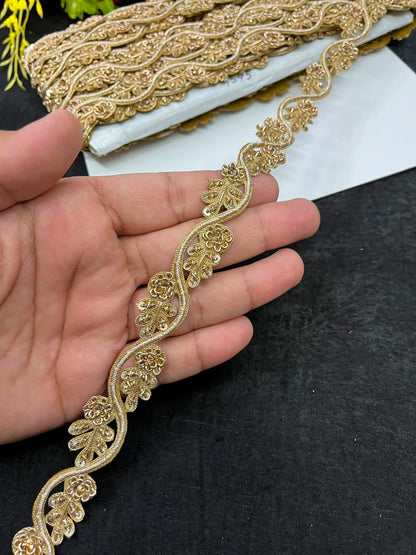 Handcrafted Zardozi Lace for Sarees, Lehengas, Dupattas & Blouses – Premium Handmade Zardozi Embroidered Lace Border (1 Inch) | DC1049 | Antique