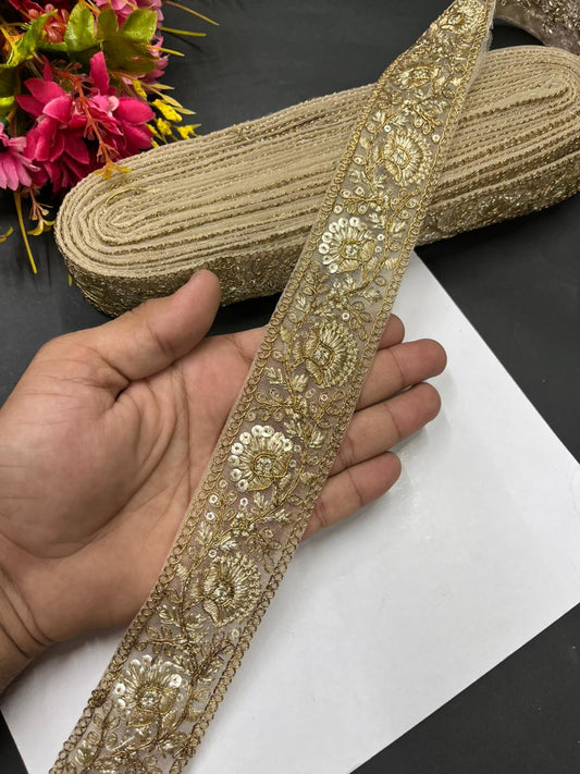 Sequins Work Zari Embroidered Laces – Premium Designer Borders for Sarees, Lehengas & Dupattas (9 Meter, 1.5 Inch Width) | Antique