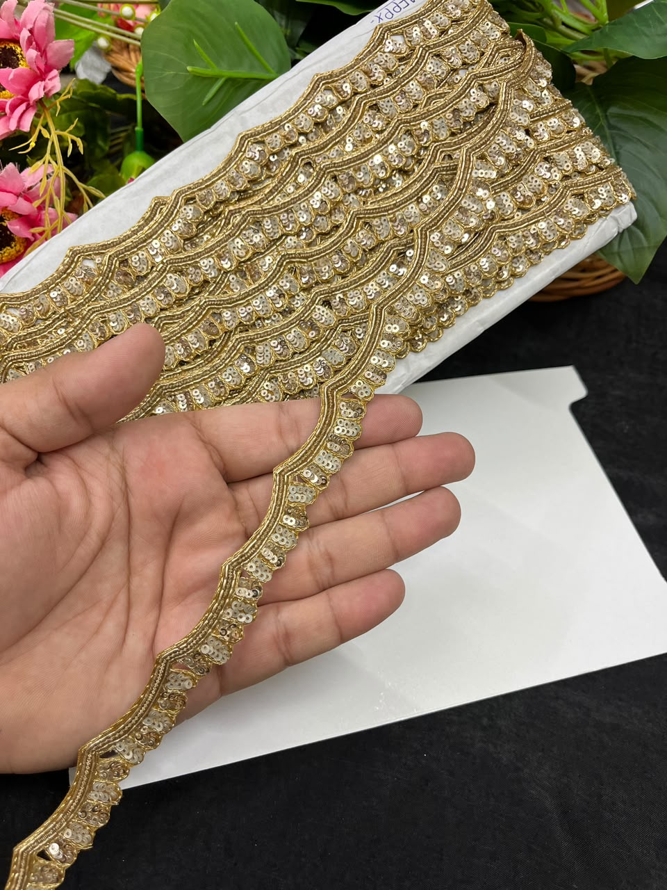Handcrafted Zardozi Lace for Sarees, Lehengas, Dupattas & Blouses – Premium Handmade Zardozi Embroidered Lace Border (1 Inch) | DC1048 | Antique