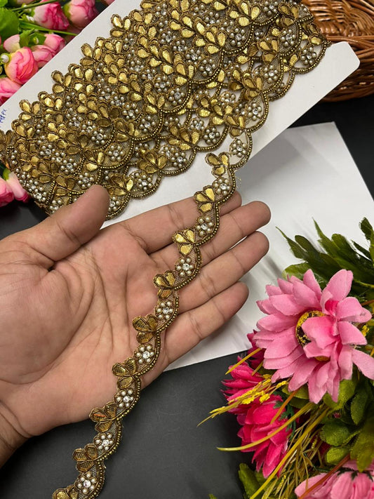 Gota Work Handmade Laces with Beaded Flower – Designer Border for Sarees, Dupattas & Lehengas (9 Meter, 1 Inch Width) | Antique